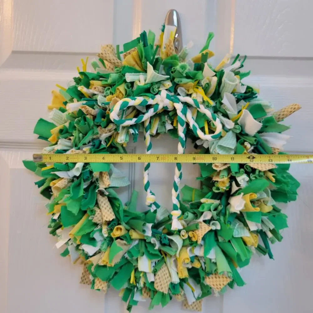 Handcrafted Upcycled Small Spring Fabric Wreath Green, Yellow, White, 14